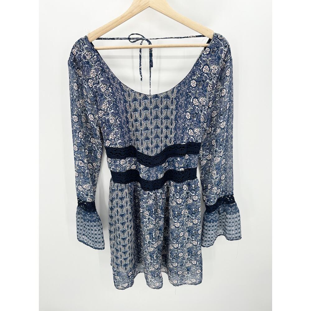 Maurices Women Medium Blue Printed Long Sleeve Tie Back Peasant Mini Dress‎ GH20